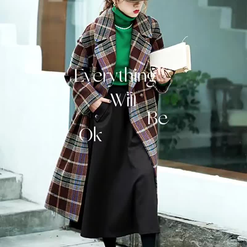 酒紅色格紋 怦然心動 20%羊毛 英倫復古大翻領格紋毛呢大衣外套 - 女装休闲/机能外套 - 羊毛 红色