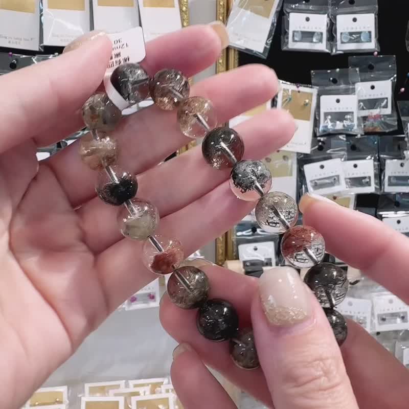 稀有玻璃收藏四季彩幽灵黑发晶共生矿12mm44.34g磁场抵挡负面 - 手链/手环 - 水晶 多色