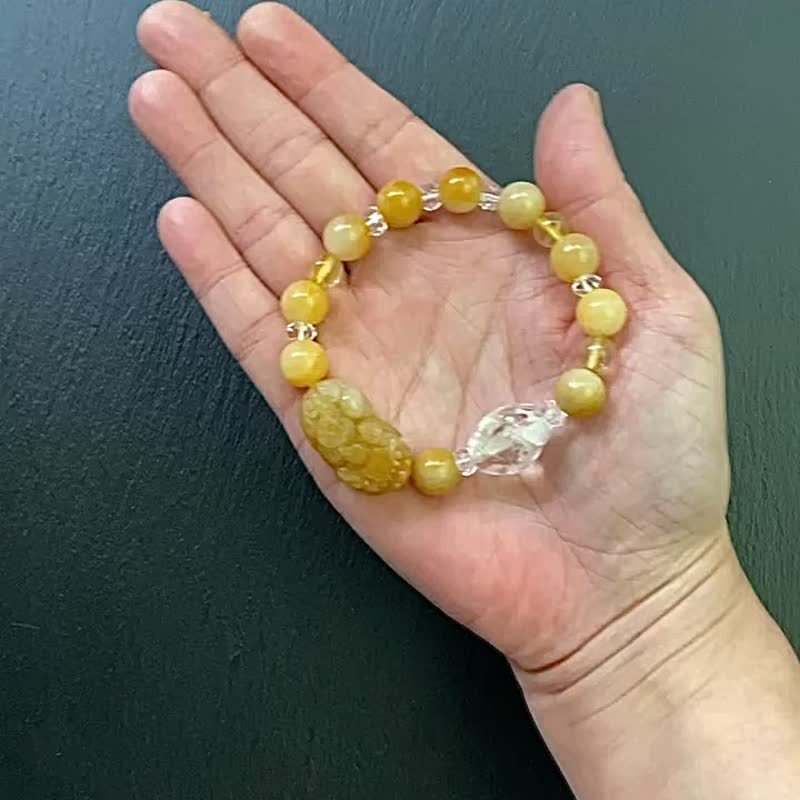 彩虹白水晶 黄玉 金发晶 白水晶车轮珠 黄玉貔貅手链 招财开运 - 手链/手环 - 水晶 多色