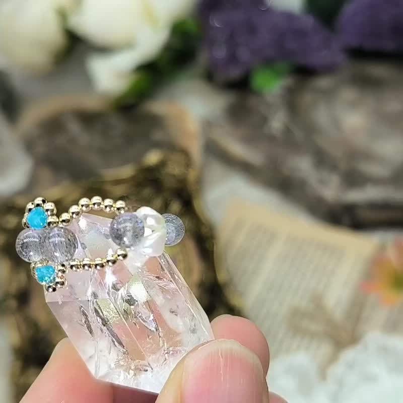 蓝光指环  拉长石 蓝磷灰 淡水珍珠 18k包金 - 戒指 - 水晶 