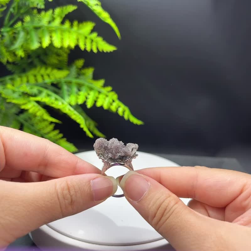 紫水晶活口戒指 随形原石标本 异象紫色葡萄星光手工指环 S925银 - 戒指 - 水晶 紫色