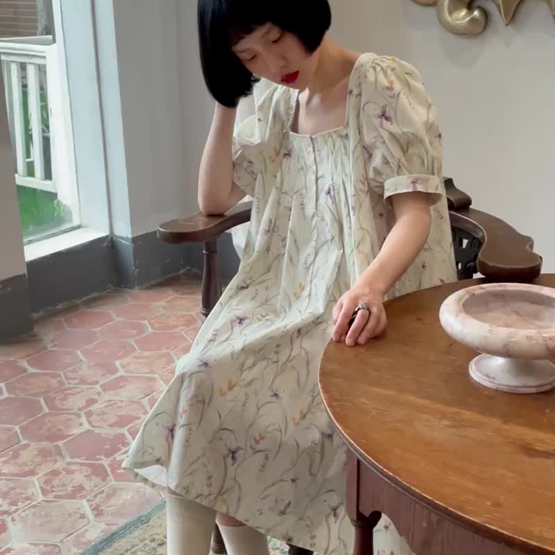 紫鳶印花 復古方領洋裝 短袖寬松連衣裙 夏季娃娃裙 - 洋装/连衣裙 - 棉．麻 白色
