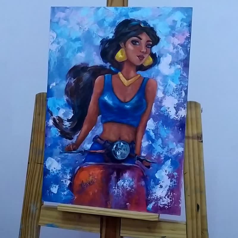 油画。茉莉公主。骑着摩托车的女孩。胡蜂。 - 海报/装饰画/版画 - 纸 蓝色