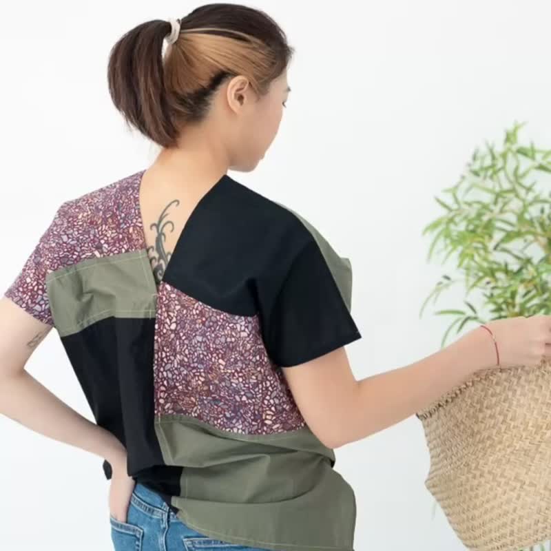 独一无二传统台湾味暗红色洗石子墨绿拼接黑色几何四角衣四方衣 - 女装上衣 - 棉．麻 多色