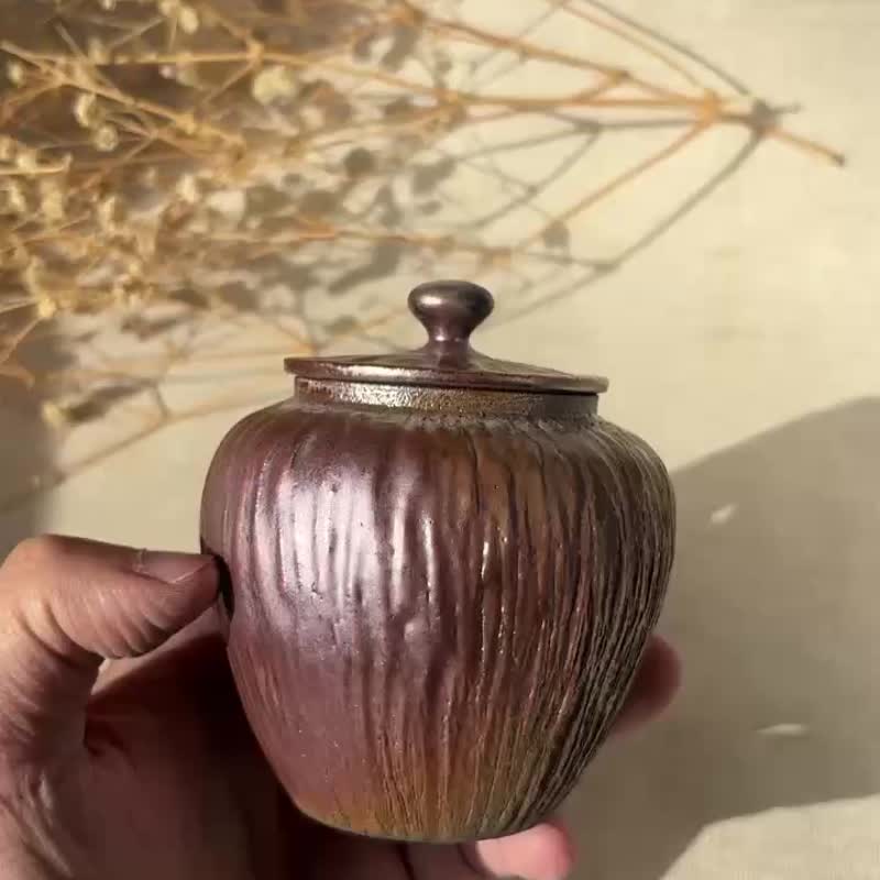 柴烧木纹小茶罐-E - 茶具/茶杯 - 陶 红色