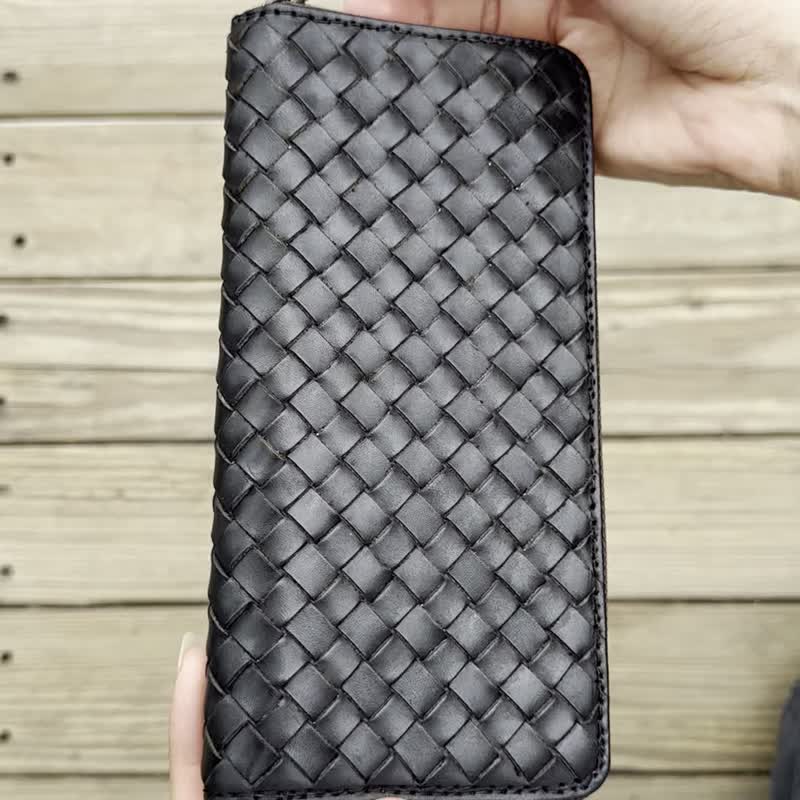 【定制化刻字】 植鞣皮革 编织款 拉链长夹-星空黑 母亲节礼物 - 皮夹/钱包 - 真皮 黑色